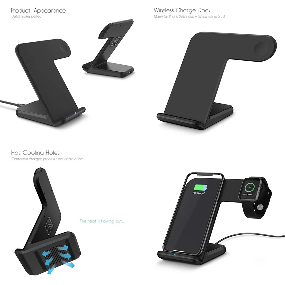 QI 2 in 1 Wireless Charger Stand For Iphone 8 Iphone X Apple Watch 2.0 3.0 QC 2.0 QC 3.0 10W Wireless Charger For Samsung S8 S9  (5)