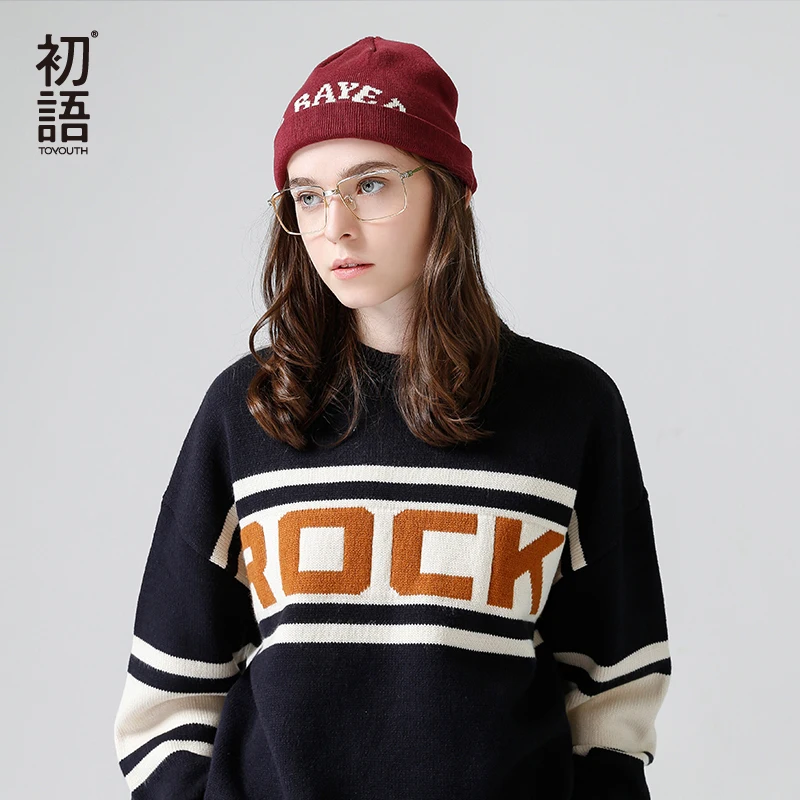

Toyouth Contrast Color Long Sleeve Autumn Sweaters Letter Embroidery O-Neck Women Pullovers and Sweaters