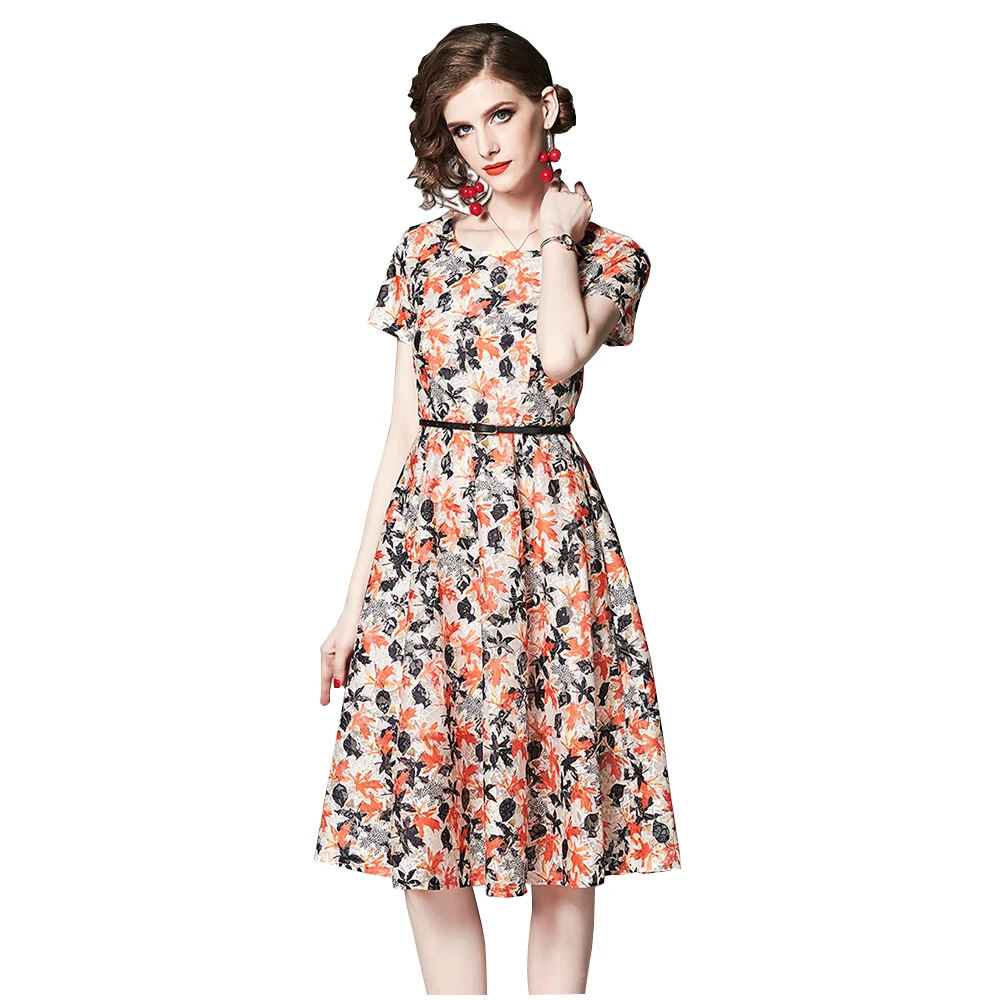 

Elegant Woman Summer Lace Dress O-neck Short Sleeve A-line Mid Dresses Leaves Printed Ladies Party Dress Slim OL Street Dress
