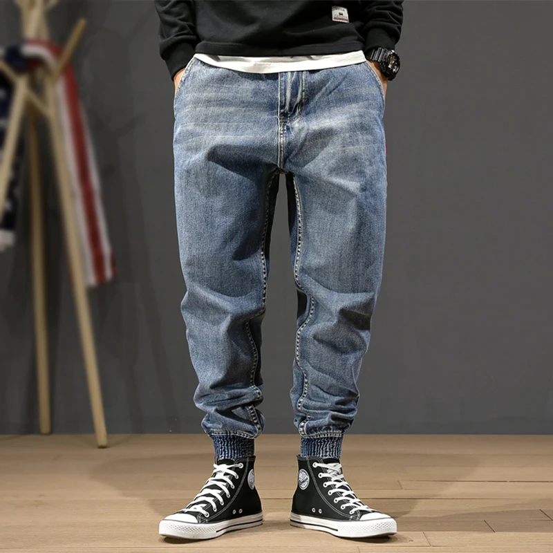 Модная уличная одежда, мужские джинсы синего цвета, свободные, сшитые, дизайнерские штаны-шаровары, размер 28-42, свободные, в стиле хип-хоп, мужские джинсы для бега