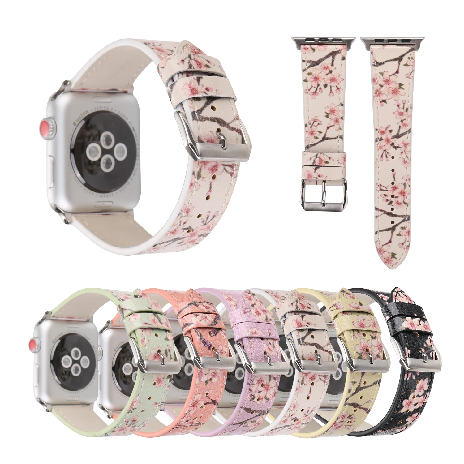 

Classical Blossom Flowers Leather Strap for Apple Watch Band for iWatch Series 3 2 1 38mm 42mm Wristband Bracelet with Adapters