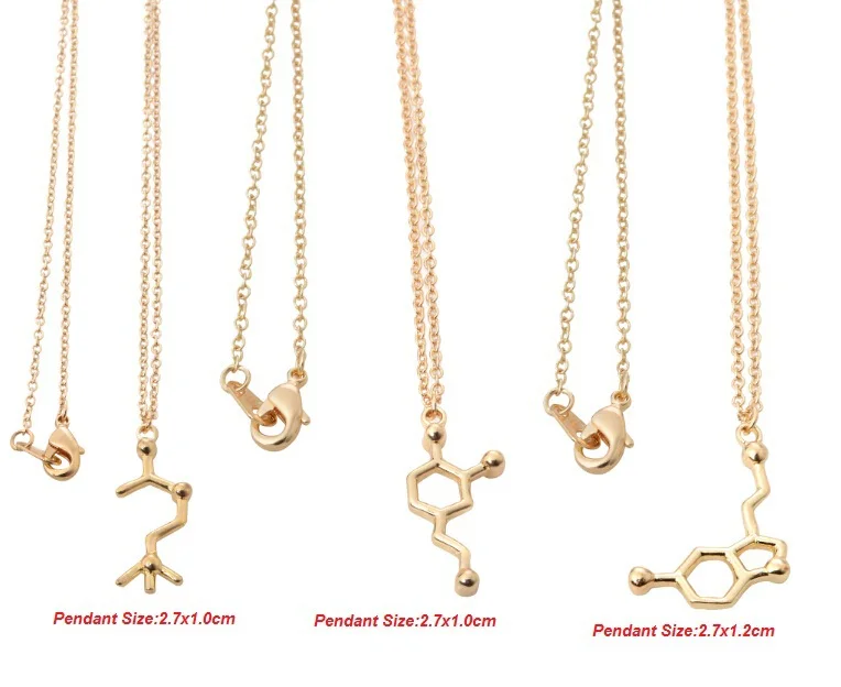 

30pcs 2016 Fashion Gold Color Dopamine Charm Necklace Science Necklace Chemical Structure Happy Hormone Molecule Pendant XL139
