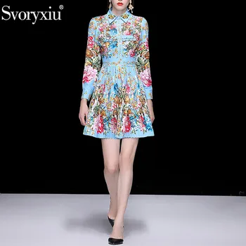 

Svoryxiu Elegant Runway Spring Summer Pleated Short Dress Women's Charming Floral Print Diamonds Fashion Party Dresses Vestdios