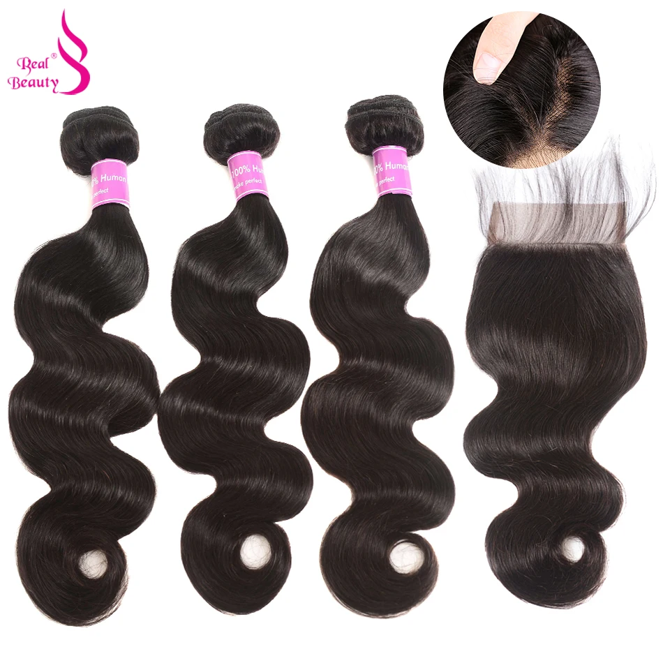 Real Beauty Peruvian Hair 3 Bundles Deal With Closure 100% Human Hair Weave Body Wave Hair Bundles With Lace Closure Non-Remy