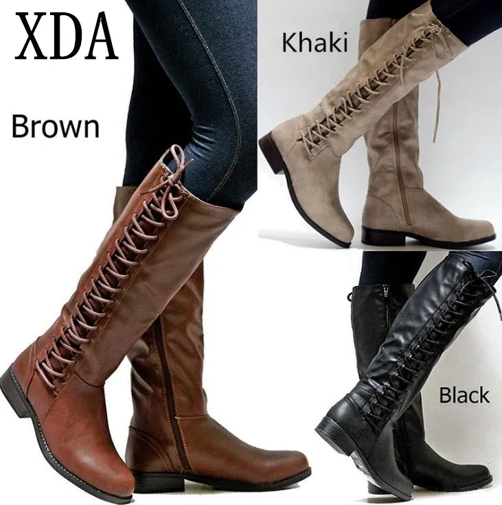 

XDA 2019 Brand Women Winter Shoes Genuine Leather Winter long Boots High Quality Knee High Boots Lace-Up Motorcycle Boots