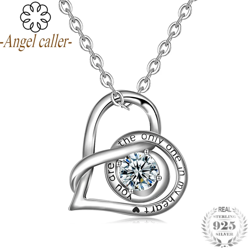 

Angel Caller Genuine 925 Sterling Silver CLear Zircon Heart Pendant Necklace Fine Jewelry for Women Girls Anniversary Gift