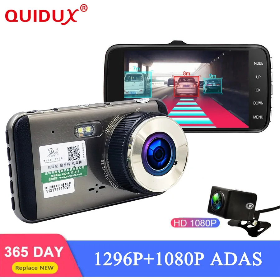 

QUIDUX Car Dvr Camera 4.0 Inch Video Recorder FHD 1296P Dual Lens Night Vision ADAS LDWS Automobile Dash Cam Auto Registratory
