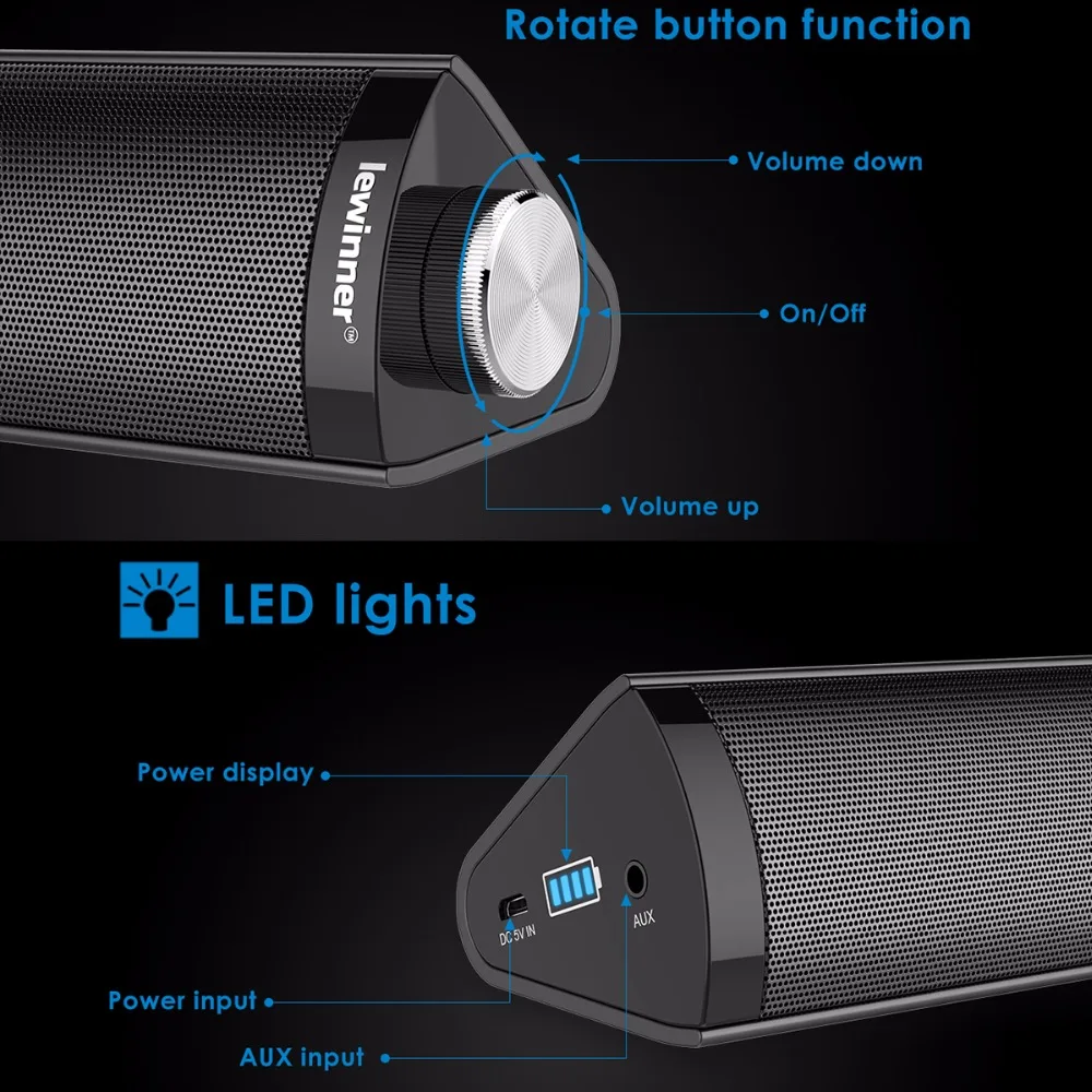 Lewinner 20 Вт Портативная колонка Bluetooth беспроводной динамик 3D объемный сабвуфер HiFi