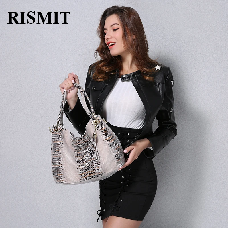 RISMIT حمل حقائب السيدات جلد طبيعي حقيبة يد المرأة كبيرة الكتف حقيبة ساعي الإناث كبيرة قدرة أعلى مقبض حقيبة الشرابة