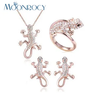 

MOONROCY Free Shipping Rose Gold Color Crystal Necklace Earring and Ring Jewelry Set lizard gecko animal Jewelry for women Gift