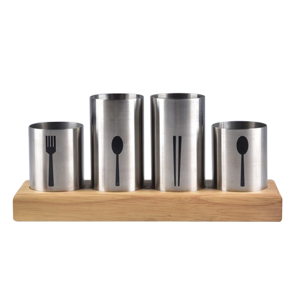 

Picnic Easy Clean Stainless Steel Tableware Holder Wood Base Round Compartment Silverware Kitchen Forks Party Chopsticks Storage