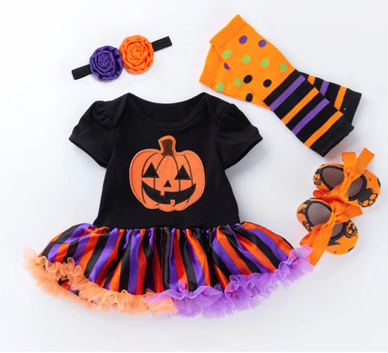 

4pcs/set baby halloween costume for toddle Baby Girls dress+Head flower + socks + scorpion Pumpkin Party tutu Dress Clothes