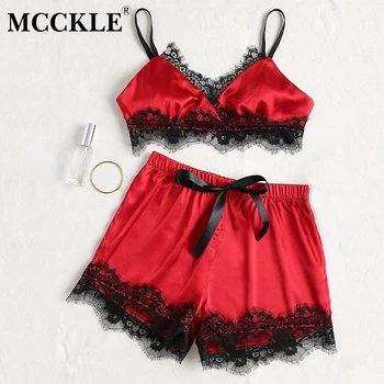 

Women's Lace Crop Top Pants 2pcs Pajama Set Bowtie Patchwork Strapless Shorts 2020 Summer Fashion Sleepwear Female Sexy Homewear