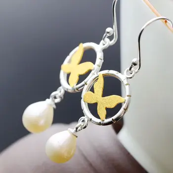 

925 Sterling Silver Earrings goodfortune inlaid pearl long silver earrings earrings