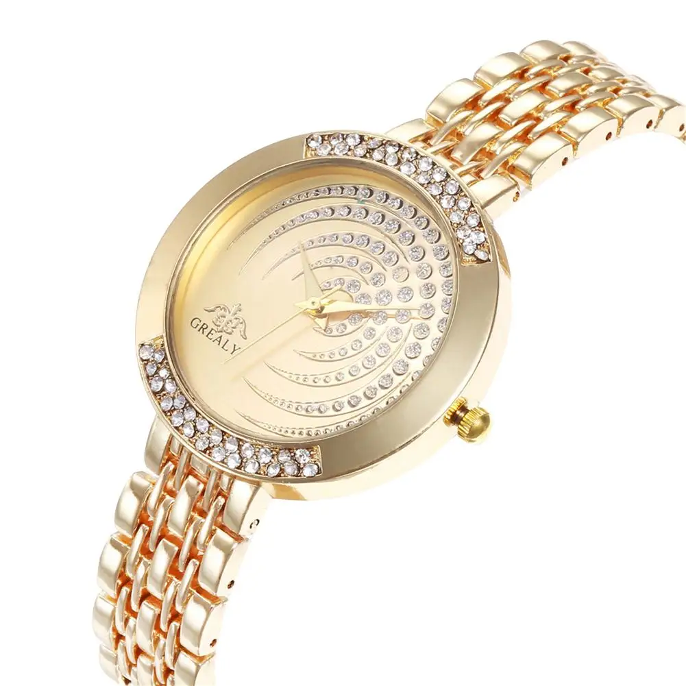 

Popular Women Shiny Rhinestone Inlaid Round Dial Mesh Band Quartz Analog Wrist Watch