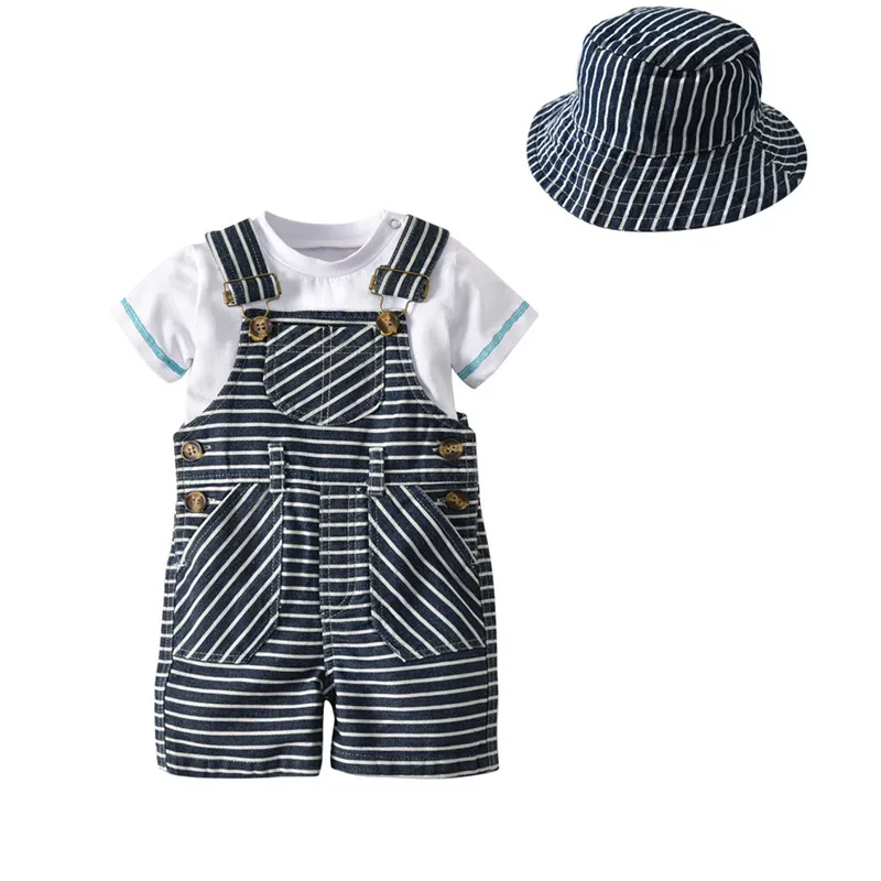 

Cute Baby Boys Clothes Set Toddler Boys T-shirt +Romper Jumpsuit Overalls Stripe Rompers +hat 3pcs Sets Summer Boy Clothes