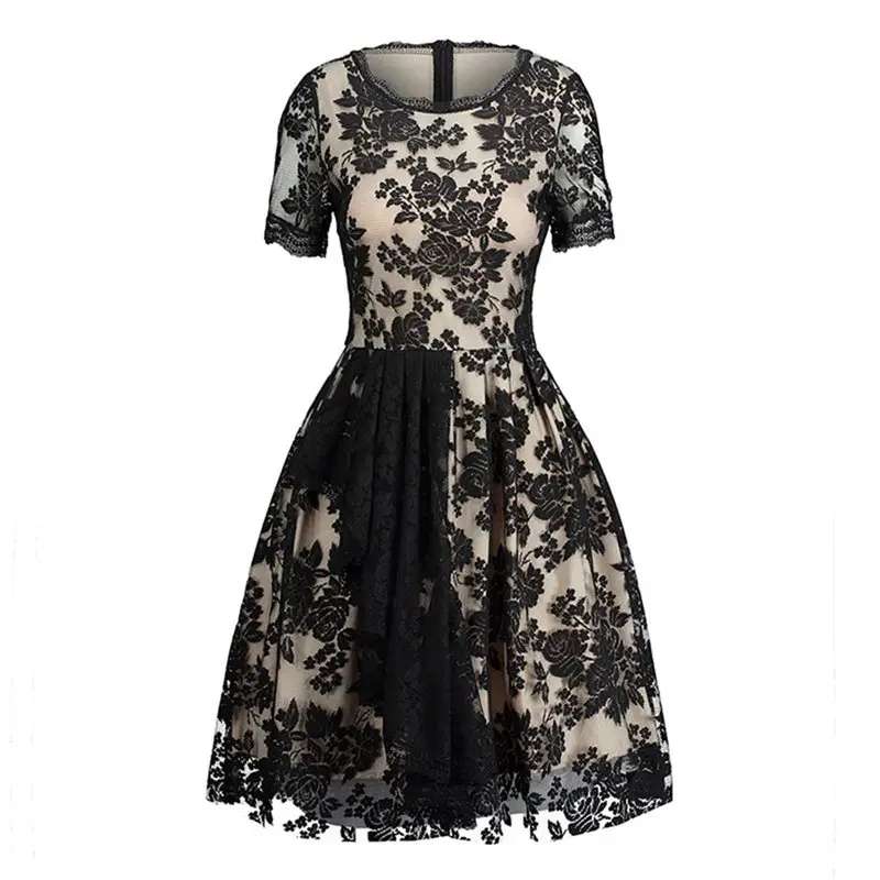 

Party Lace Dress Women Elegant Evening Vintage Sexy See Through Hook Flower Summer Plus Size Fashion Female A Line Short Dresses