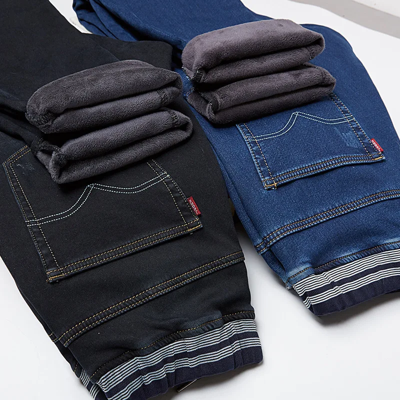 Winter New Design Fleece Lining Stretch Jeans Men Plus