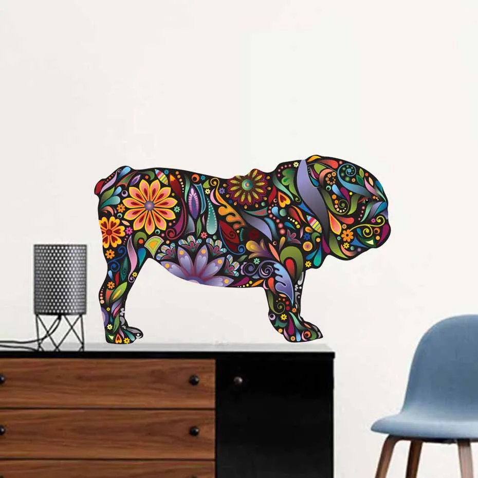 English Bulldog Dog Wall Sticker Colorful Floral Animals Decals Decorative Art For Living Room Modern Murals Waterpaper  (7)