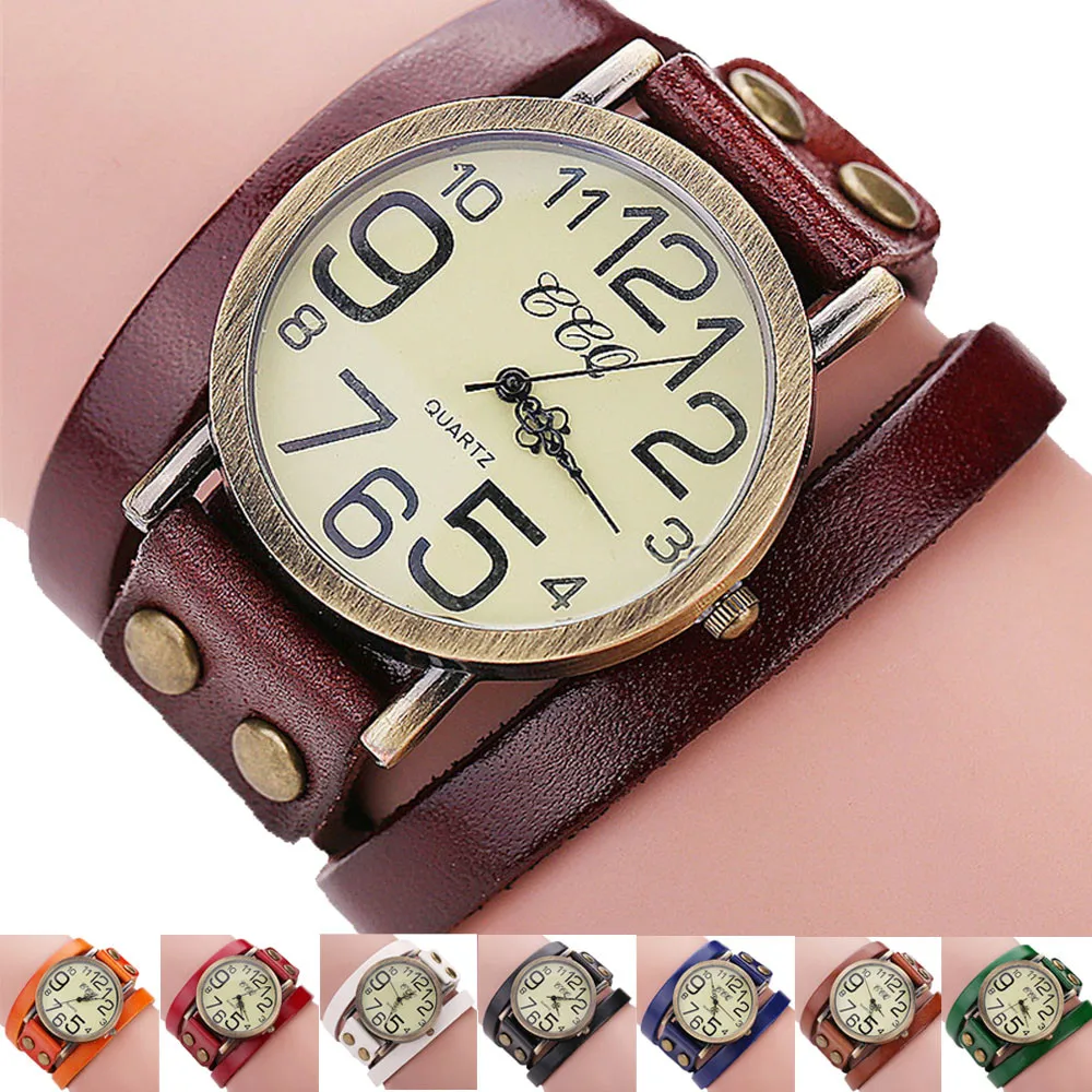 

CCQUnisex Numbers Watches Women Clock Vintage Cow Leather Metal Watch Bracelets Wristwatch Lady Dress Quartz Watch Montre Femme