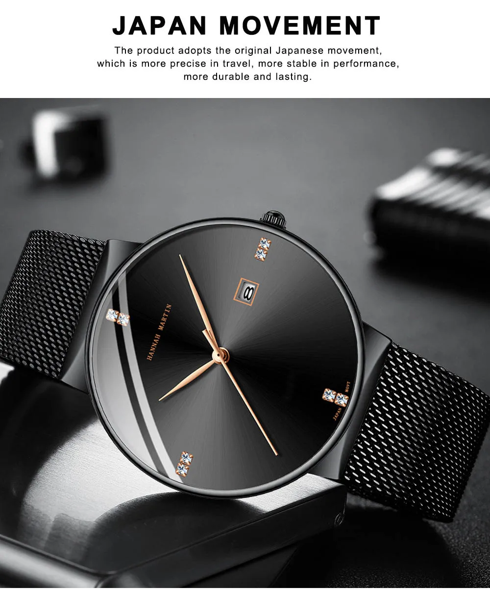 HANNAH Martin для мужчин часы японские кварцевые часы с заводом от движения нержавеющая сталь джентльмен Роскошные календари мода Diamond Relogio Masculino