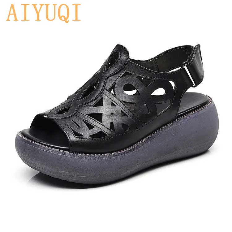 AIYUQI/женские сандалии в стиле ретро; Новинка года; женские сандалии из натуральной кожи; летние туфли на плоской платформе; женские сандалии из натуральной воловьей кожи - Цвет: black