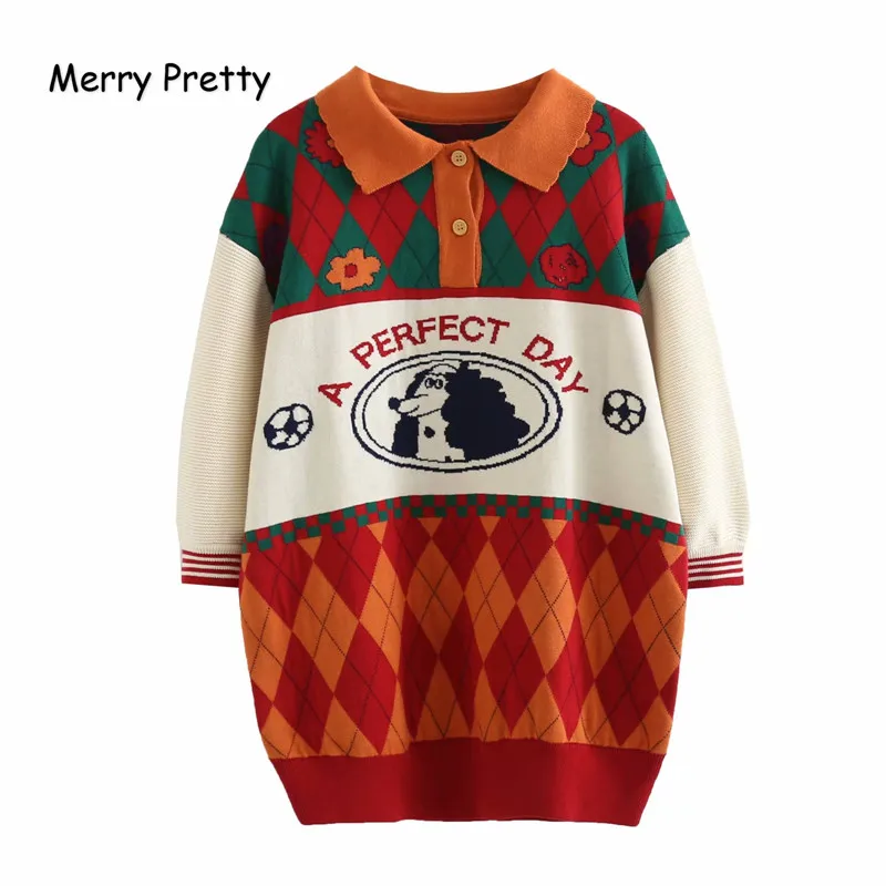 Merry Pretty осенне-зимний вязаный свитер с коротким рукавом и отложным воротником с принтом собаки, Лоскутные Свитера, женские забавные пуловеры - Цвет: Многоцветный