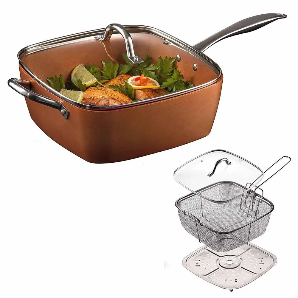 

Cook Deep Square pan set Nonstick Copper Pan Chef 4 Piece Set Frying Basket, Steamer Tray for Multi-purpose pot Cookware set