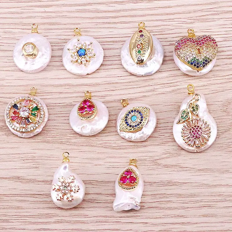 

10Pcs Freshwater pearl charm with Cubic Zirconia pendant,good plating pearl jewelry,handmade diy necklace/earring accessories
