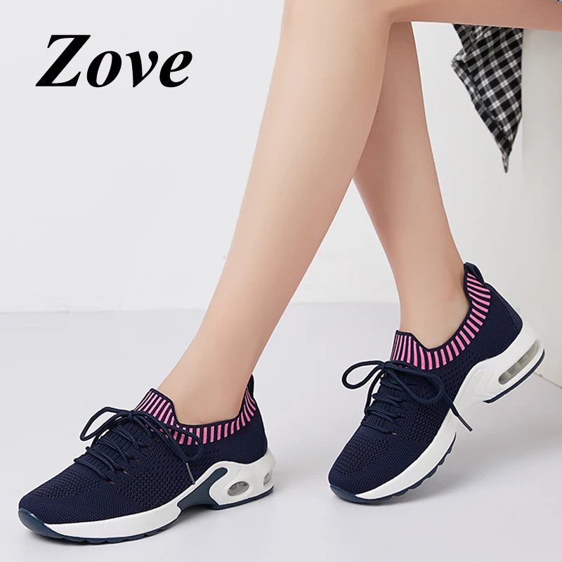 

ZOVE Women Flats Sneakers 2019 Spring Breathable Mesh Fly Knit Walking Shoes Lace Up Flats Creepers Ladies Outdoor Sports Shoes