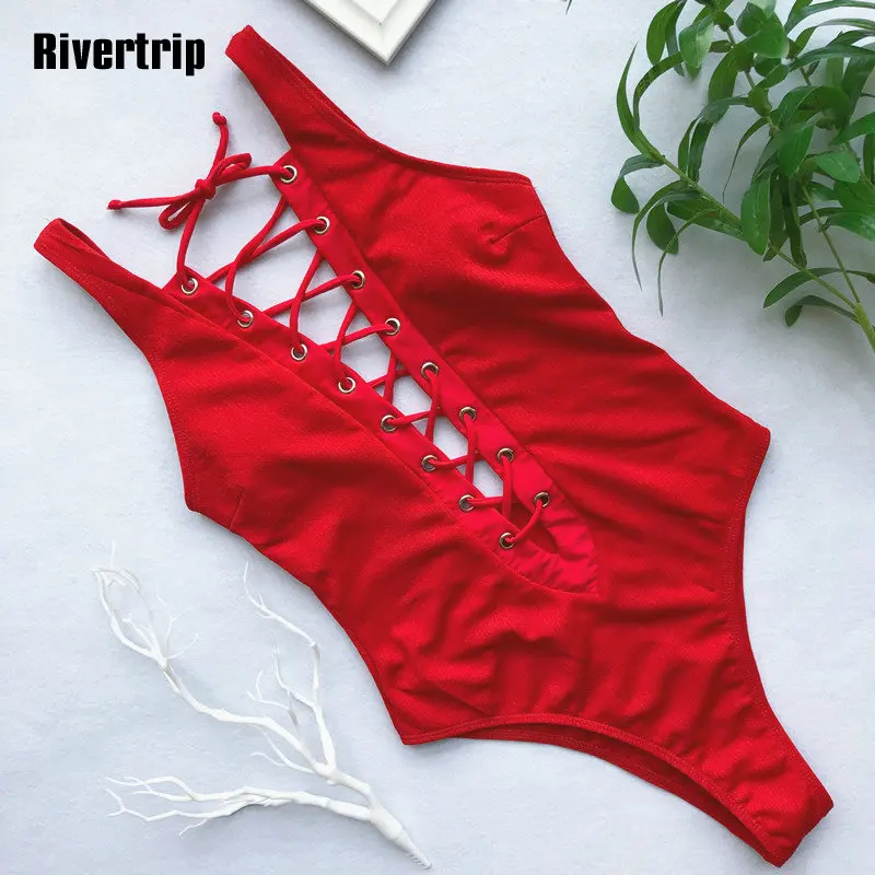 

Rivertrip Solid One Piece Swimsuit Plunging Lace Up Bathing Suit Women Sexy Strap Swimwear Women High Cut Beach Wear 2019