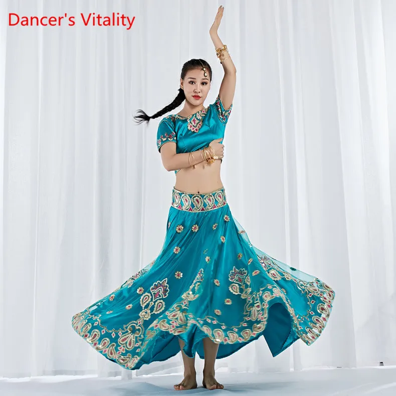 Clothes For Dancing, Stage Costume Belly Dancing Clothes Indian Dance Costume Bollywood 3 Pieces Set(Top, Skirt And Sari