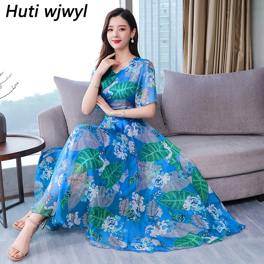 

Summer New Floral Chiffon Boho Maxi Sundress 2019 Vintage 3XL Plus Size Print Beach Dresses Women Bodycon Elegant Party Vestidos
