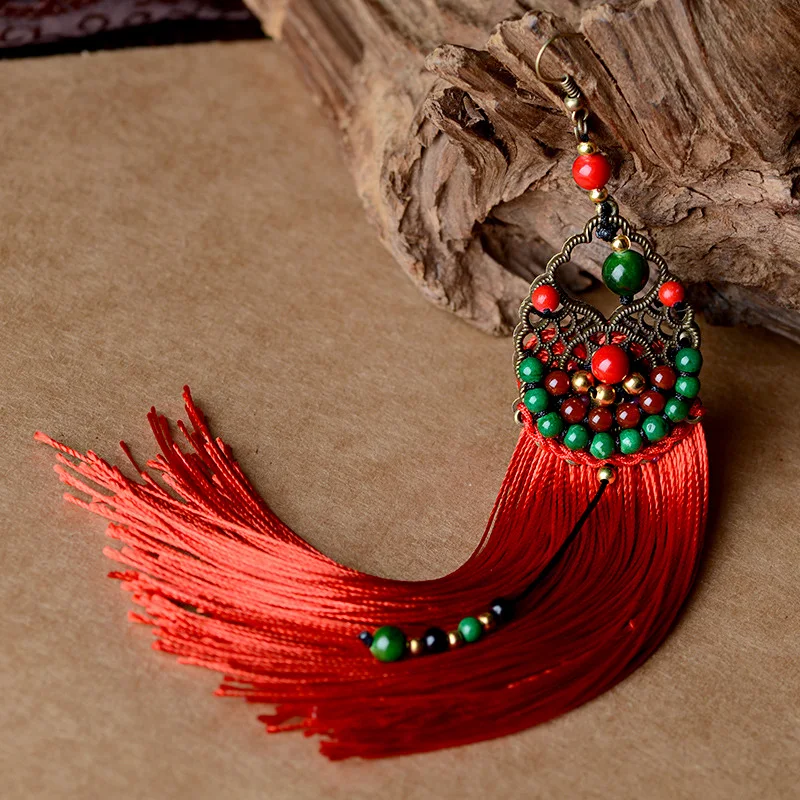 drop fringe earrings for women long color tassel natural stone hanging bronze alloy hook ethnic