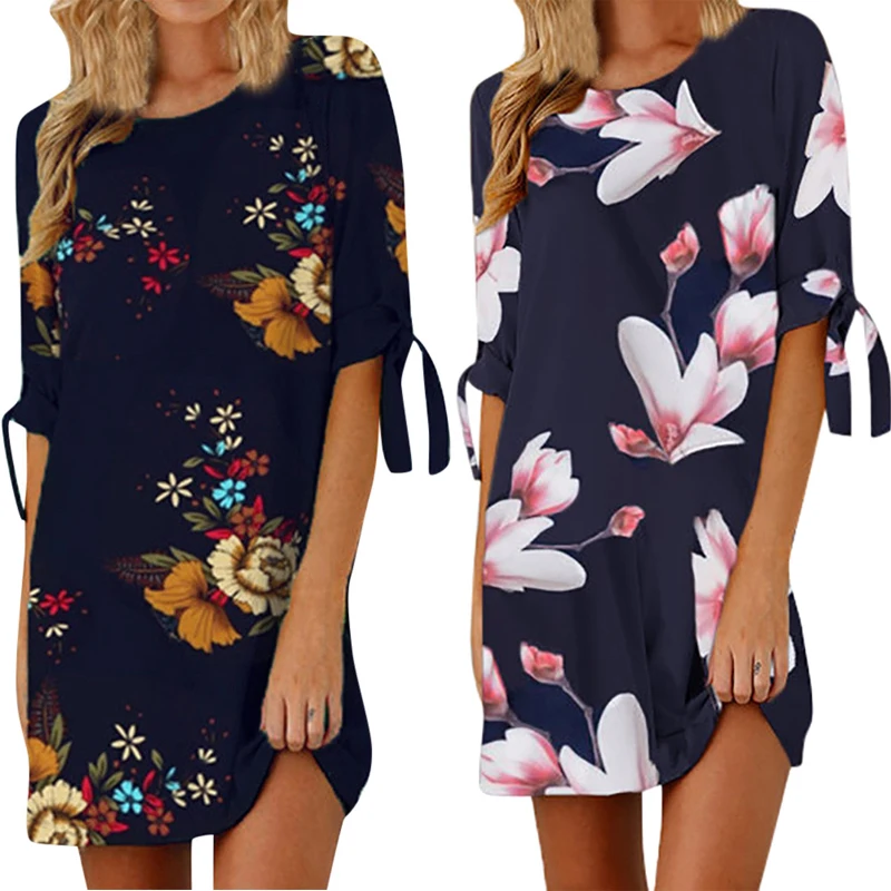 

Womens Floral Print Summer Dress Shirt Sleeve Sexy Short Mini Dress Casual Short Sleeve Black Party Dress Elegant vestidos