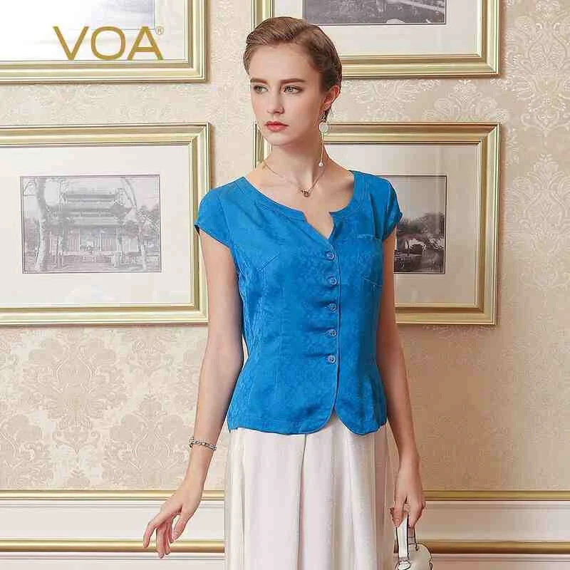 Лето новая VOA рубашка из натурального шелка с круглым вырезом Женская Кружевная и синяя универсальная шелковая блузка B1027 - Цвет: Синий
