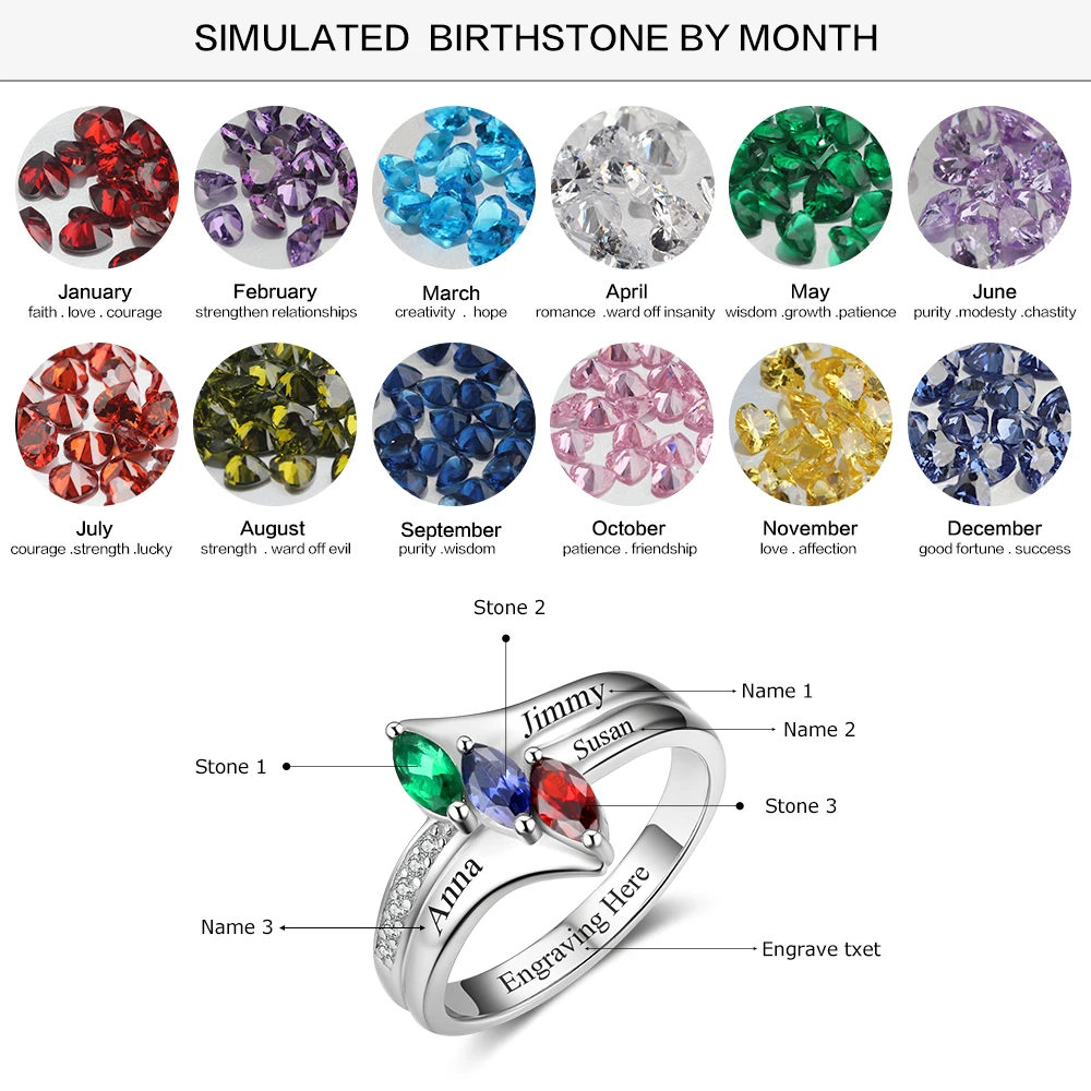 Family Ring Personalized Birthstone Engrave Name Rings 925 Sterling Silver Jewelry Anniversary Birthday Gift (JewelOra RI102985)