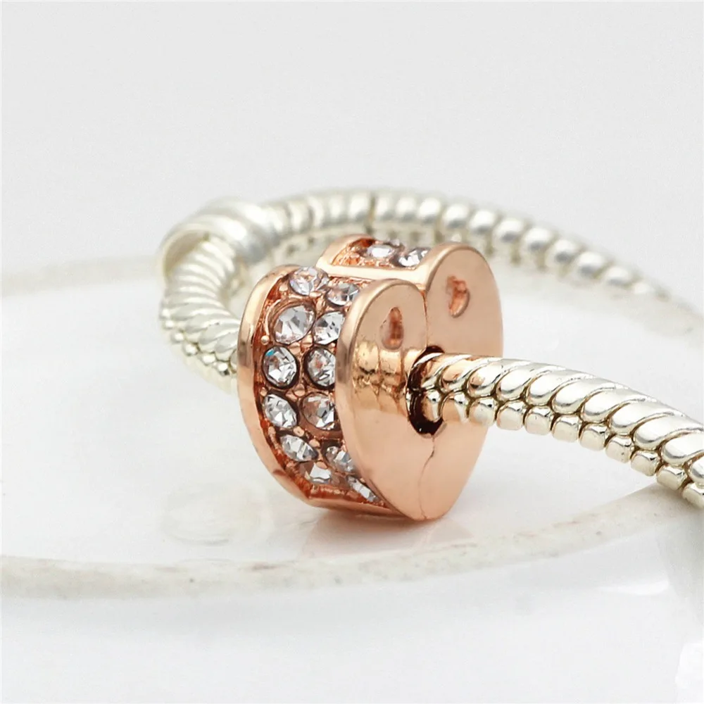 

MOQ 1pc Rose Gold heart Silver clip with CZ Drill safety charm love diy bead Fit for Pandora Charm Bracelet
