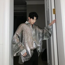 Мужские прозрачные Свободные повседневные рубашки с длинным рукавом в стиле летучей мыши, в стиле хип-хоп, панк, готика, вечерние рубашки для ночного клуба