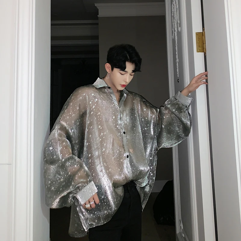 Billig Männer Bat Langarm Star Transparent Oversize Lose Casual Shirts Männlichen Street Hip Hop Punk Gothic Party Nacht Club Hemd