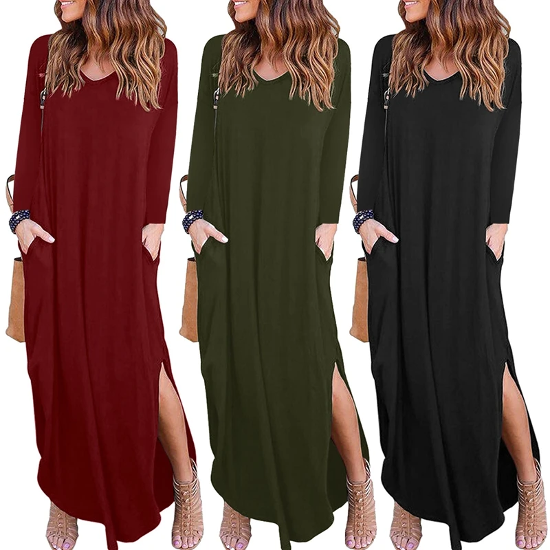 Women's Casual Pockets Long Dress Long Sleeve Split Loose Solid V-neck Maxi Dress Boho Beach Party Long Dress