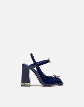 

Luxurious woman king blue patent leather chunky high heel sandal large blue diamonds buckle chunky sandal blue buckle sandal