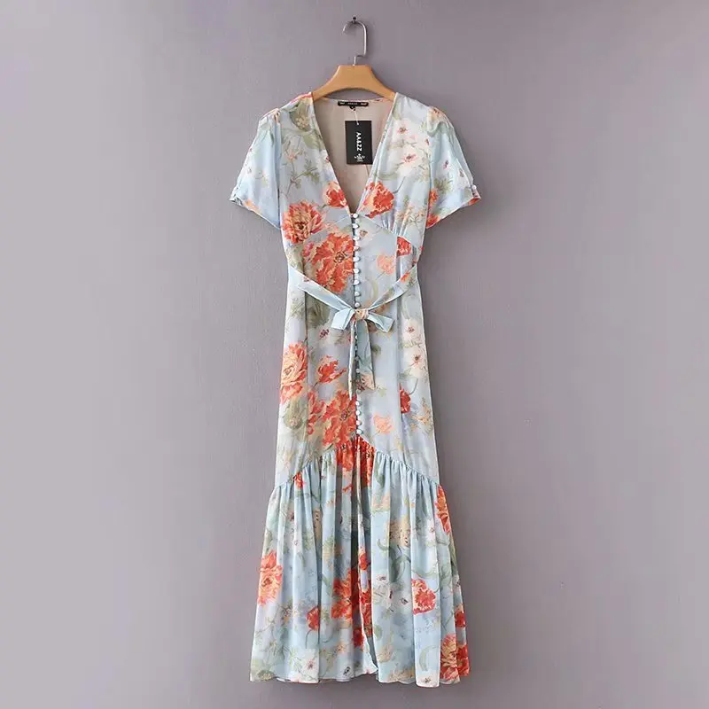 

Spainish style women vintage v neck buckle print chiffon midi dress pleated ruffles vestidos summer sashes bow tie long dress
