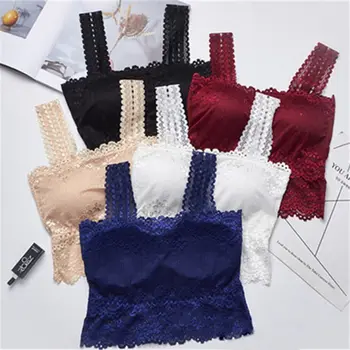 

Womens Wide Shoulder Straps Solid Color Bandeau Crop Top Embroidered Floral Lace Patchwork Bralette Seamless Thread Ribbed Basic