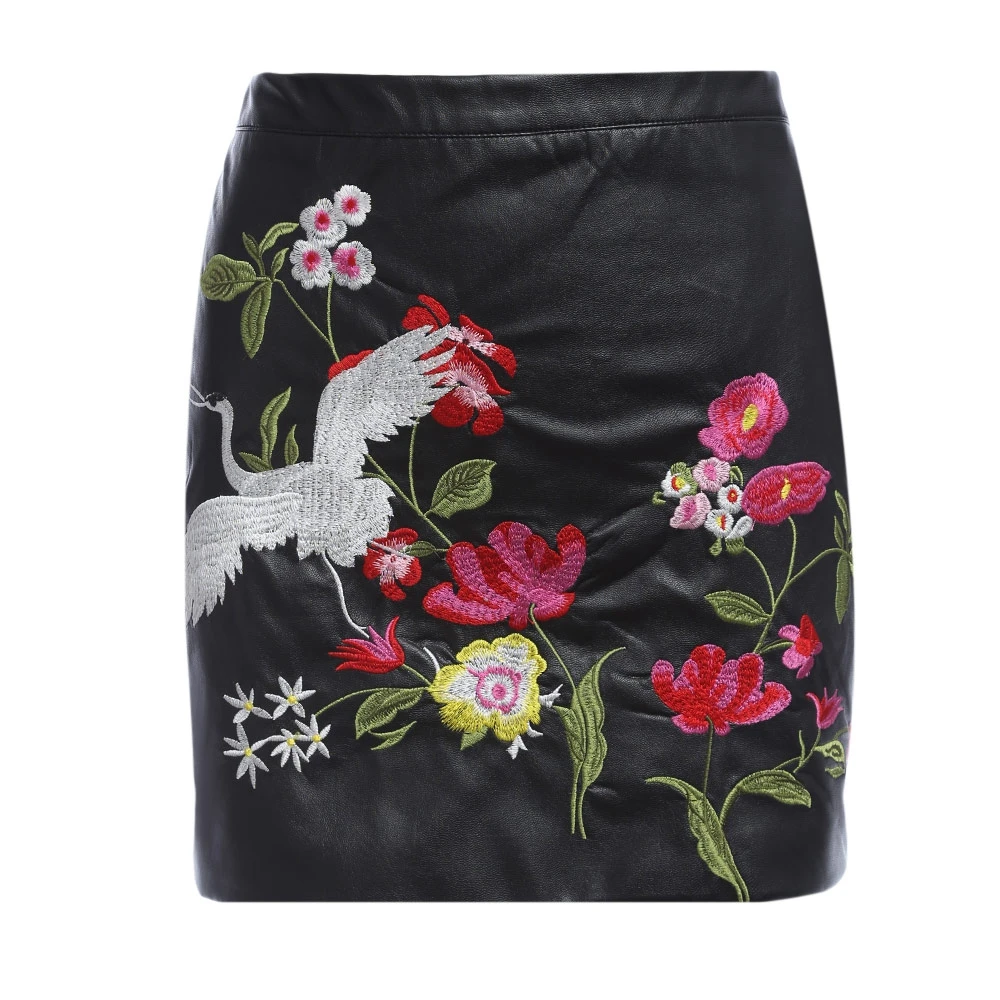 VESTLINDA Black Skirt Floral Embroidery Vintage PU Leather Pencil Skirt Women Slim High Waist Zipper Mini Ethic Plus Size Skirts 14
