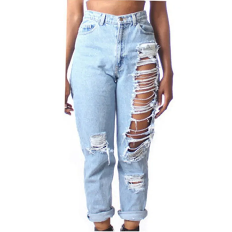 

2015 European Style Jeans Woman Ripped Jeans For Women Cotton Loose Straight Light Blue Sexy Nine Pants Plus Size Hot Sales E56
