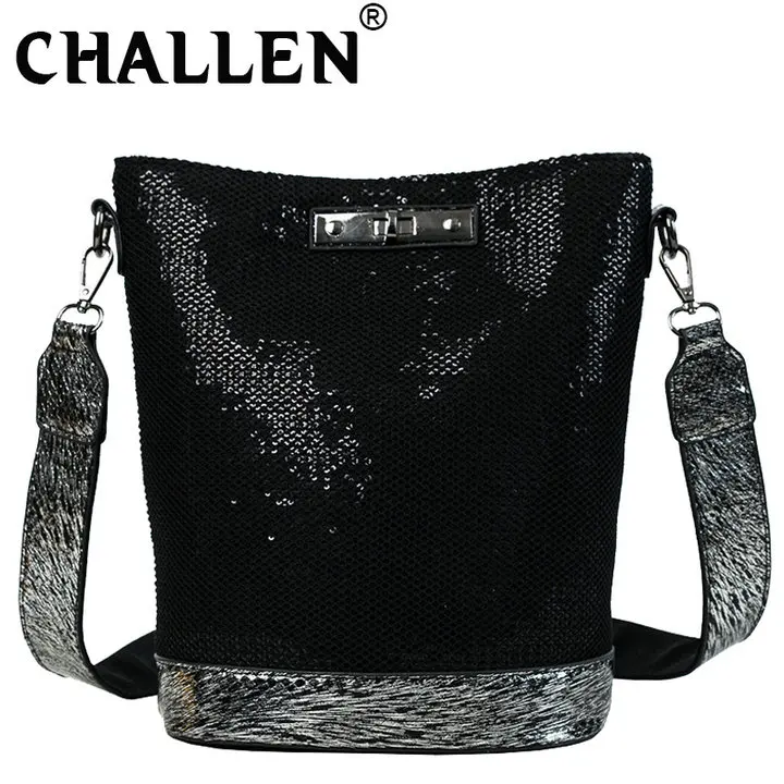 Fashion Luxurious female Korean Sequin Bling Black Bag shoulder Bucket bag Designer Ladies Crossbody Messenger Bags B42-29 - Color: Black