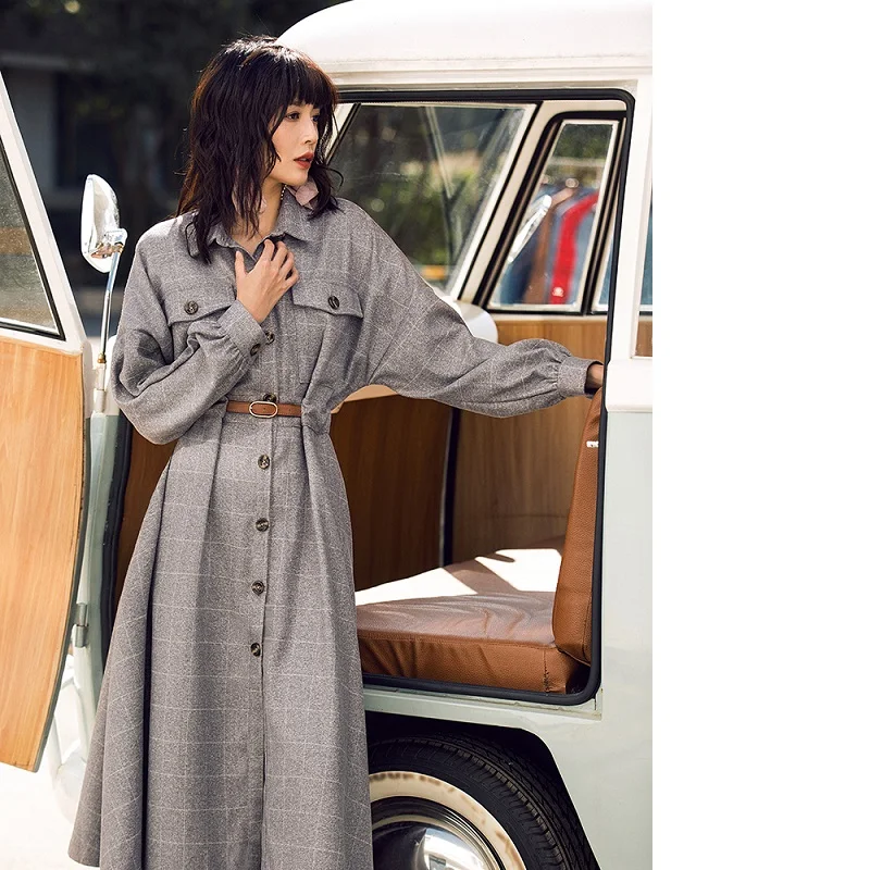 Robe Femmes Manches Marque La Haute souris Vintage Mode 2019 Longues Chauve Casual À Ceinture Avec Qualité Imprimer Plaid Printemps qntwwfgX
