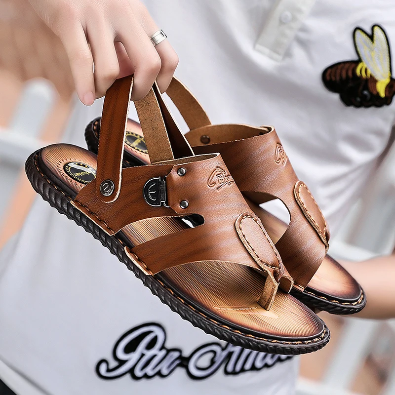 

Big Size 47 Summer Men Beach Sandals Split Leather Sandal Shoes Leisure Durable Non-Slip Shoes Zapatillas Hombre Slippe
