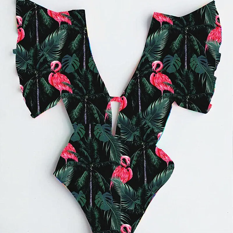 

Sexy Off The Shoulder Ruffle One Piece Swimsuit 2019 Swimwear Women Swimsuit Deep-v Bathing Suits Beachwear Bird print Swim Suit